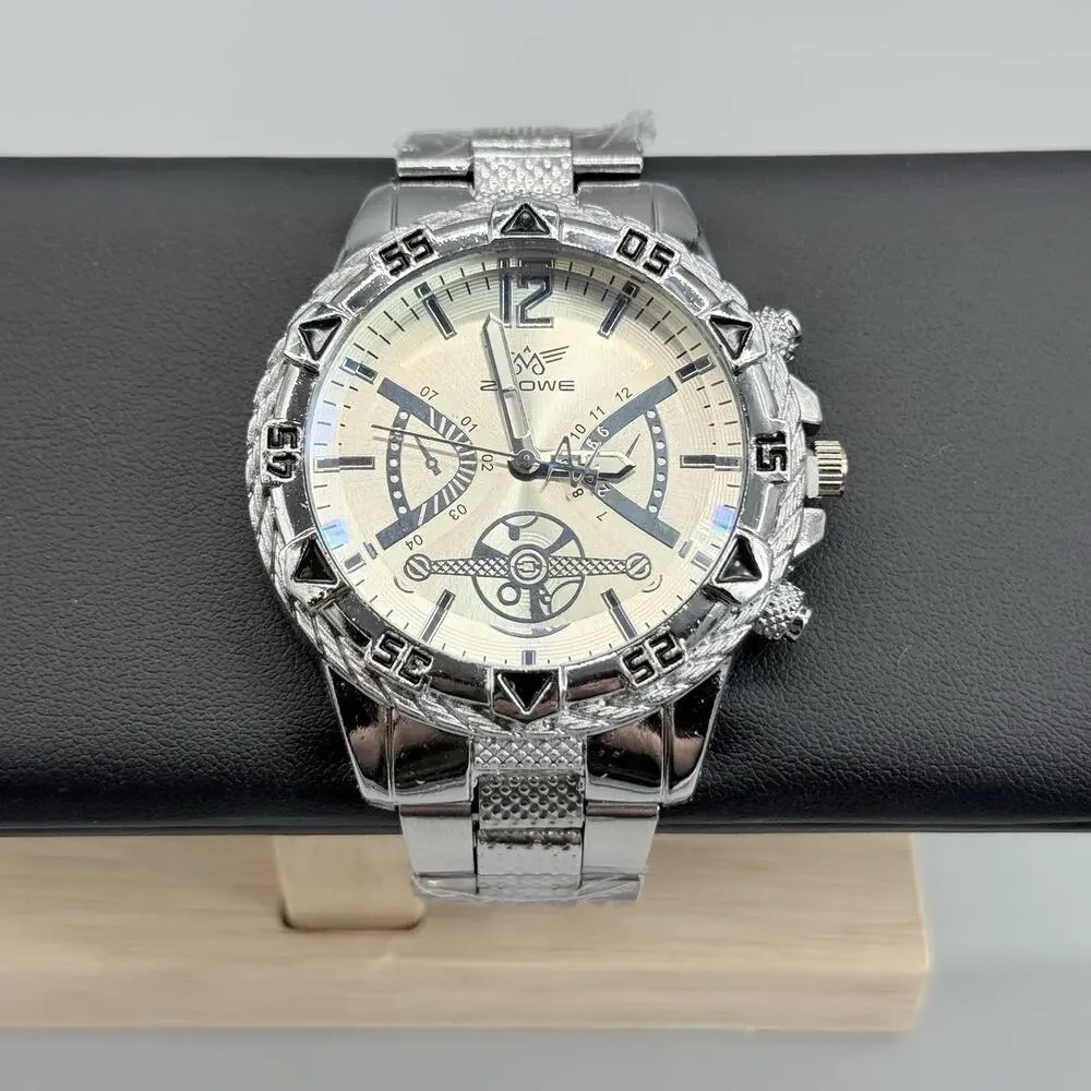 Zhowe Men's Silver Tone Quartz Wristwatch Chronograph Look Textured Bezel New